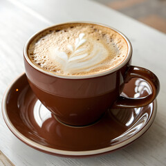 Cappuccino Coffee in Brown Cup with Latte Art, a warm cup of cappuccino with intricate latte art on top, served in a brown ceramic cup, placed on a saucer, perfect for coffee lovers