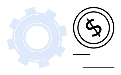 Gear and dollar coin symbolize economic processes, efficiency, and operations. Ideal for business, finance, innovation, workflow, planning investment cost management. Flat simple metaphor