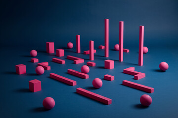 Pink geometric shapes and spheres arranged on dark-blue background, creating abstract composition, showcasing product display or modern art concept, suitable for various design projects