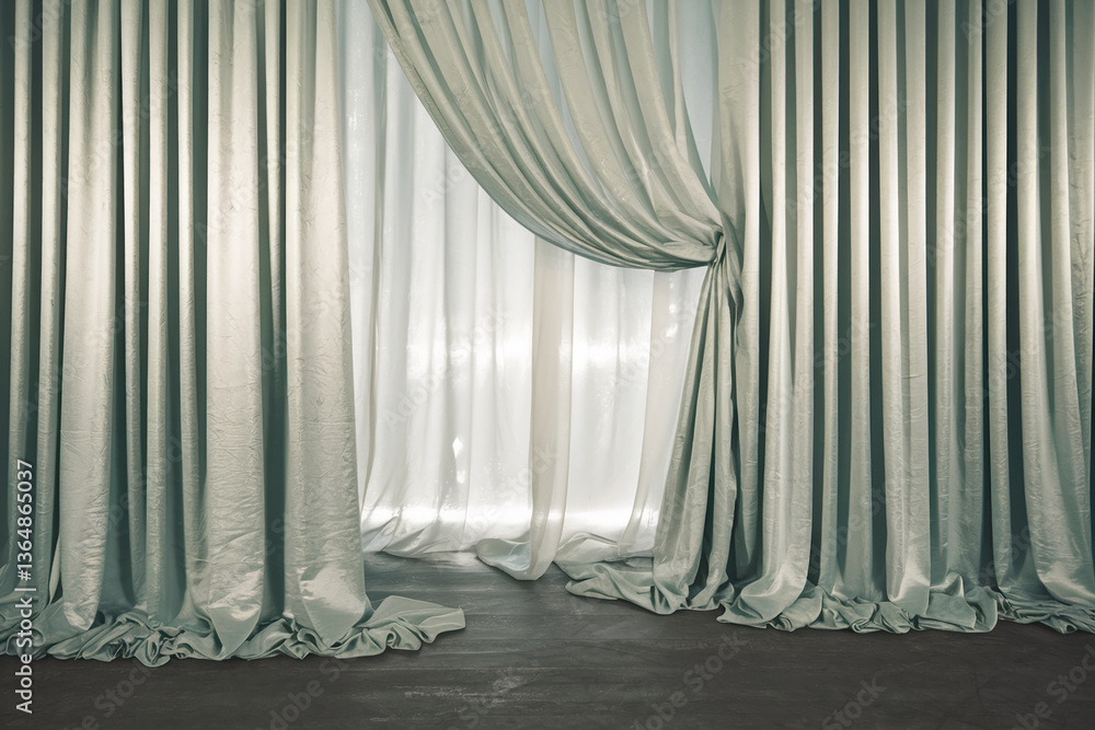 Poster pale green curtains draped on floor, revealing sheer curtains and window light, creating elegant, se