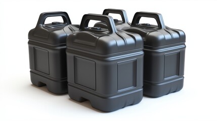 matte black plastic jerry cans with handle, arranged in a slightly overlapping, three-quarter view