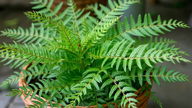 Green fern plant in a woven pot against a natural background  