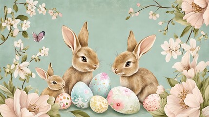 Fototapeta premium Easter bunnies with eggs, and spring flowers. (43)