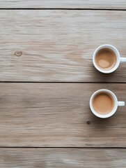 Obraz premium Two white cups of coffee on a wooden surface. the cups are placed side by side, facing each other. the coffee is a light brown color and appears to be freshly brewed.