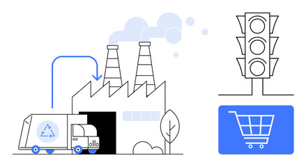 Truck with recycling logo unloading at factory emitting smoke, traffic light above cart graphic. Ideal for sustainability, recycling, waste management, circular economy, consumer habits, pollution
