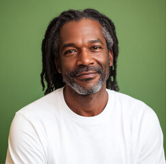 Fototapeta premium The man is an adult dark-skinned African man with very black skin and long hair, about 50 years old, on a green background, wearing a white T-shirt