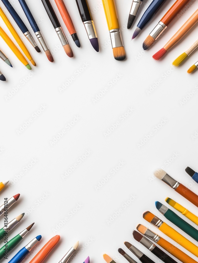 Poster flat lay of multiple paintbrushes arranged in a circular pattern on a white background. the brushes 