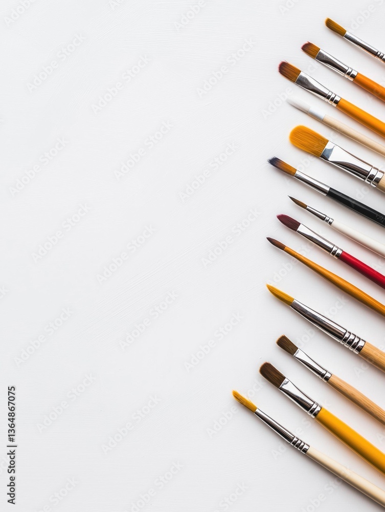 Poster group of paintbrushes arranged in a diagonal line on a white background. the brushes are of differen