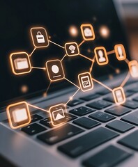 Glowing digital network symbols overlaying a laptop computer keyboard