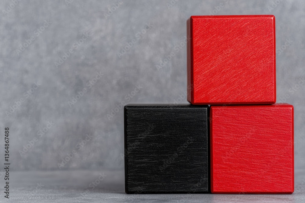 Poster three geometric shiny cube blocks stacked in an aesthetic arrangement with red and black colors on g