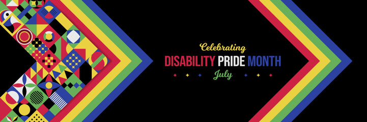Celebrating Disability Pride Month Neo Geometric Background. July Awareness Abstract Geometric poster. Horizontal banner vector illustration. Website header, social media post, card graphic resource