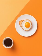 White plate with a fried egg on it. the egg is half-boiled and has a golden-brown yolk in the center. the plate is placed on an orange background.