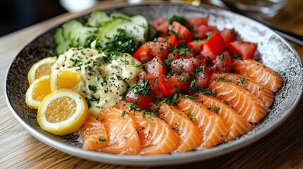A plate of delicious sliced salmon with fresh garnishes