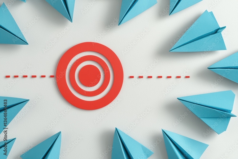 Poster paper airplanes surrounding target with red dotted line on white surface representing strategy and g