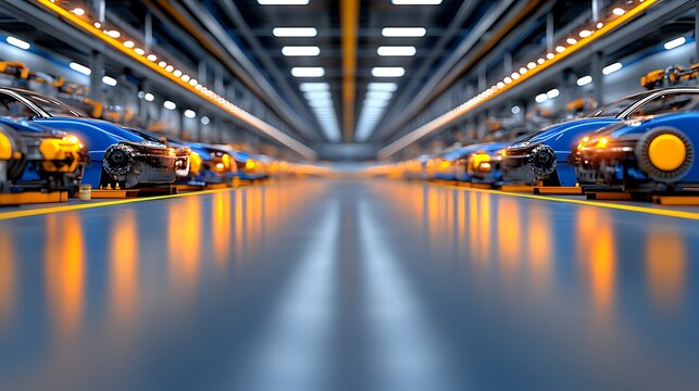 A futuristic automotive factory floor showcases car manufacturing processes in motion