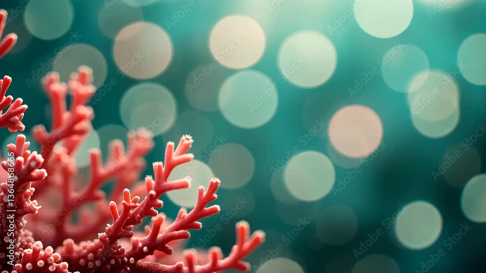 Poster red coral reef structure with bokeh background in green and white colors