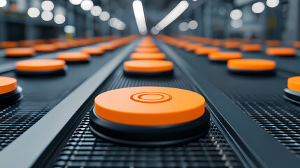 A close-up view of orange circular objects arranged on a conveyor belt in a modern industrial setting, emphasizing technology and automation.