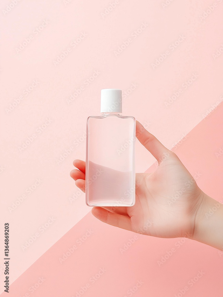 Poster hand holding a small transparent bottle with a white cap. the bottle appears to be made of glass and