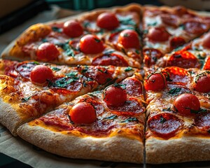 Delicious pepperoni pizza, sliced and garnished with cherry tomatoes and fresh basil