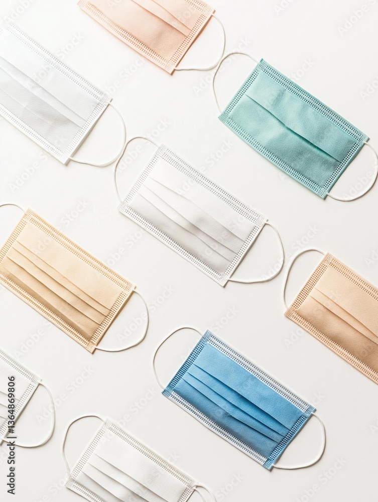 Poster group of nine face masks arranged in a row on a white background. the masks are of different colors 