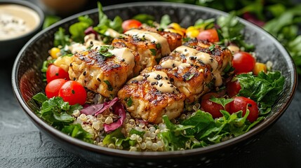 A delicious bowl of colorful salad with chicken or fish
