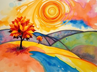 watercolor illustration of a tropical landscape