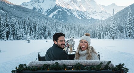 Romantic Couple Enjoying a Snowy Horse Drawn Sleigh Ride Through a Winter Wonderland