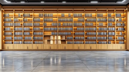 Modern library wooden shelves, empty books, spacious interior