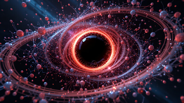 Futuristic antimatter molecule or micro Black Hole. Quantum physics concept 3D illustration. Orbiting mystery gluon quarks and elementary matter particles forming a wormhole warping time and gravity.