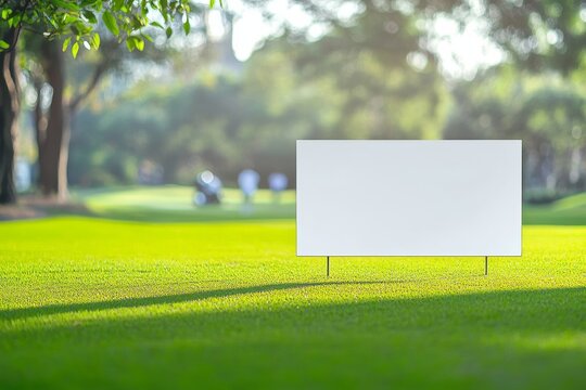 A blank white sign on the grass of an outdoor golf course, with a blurred background of greenery and trees in focus.