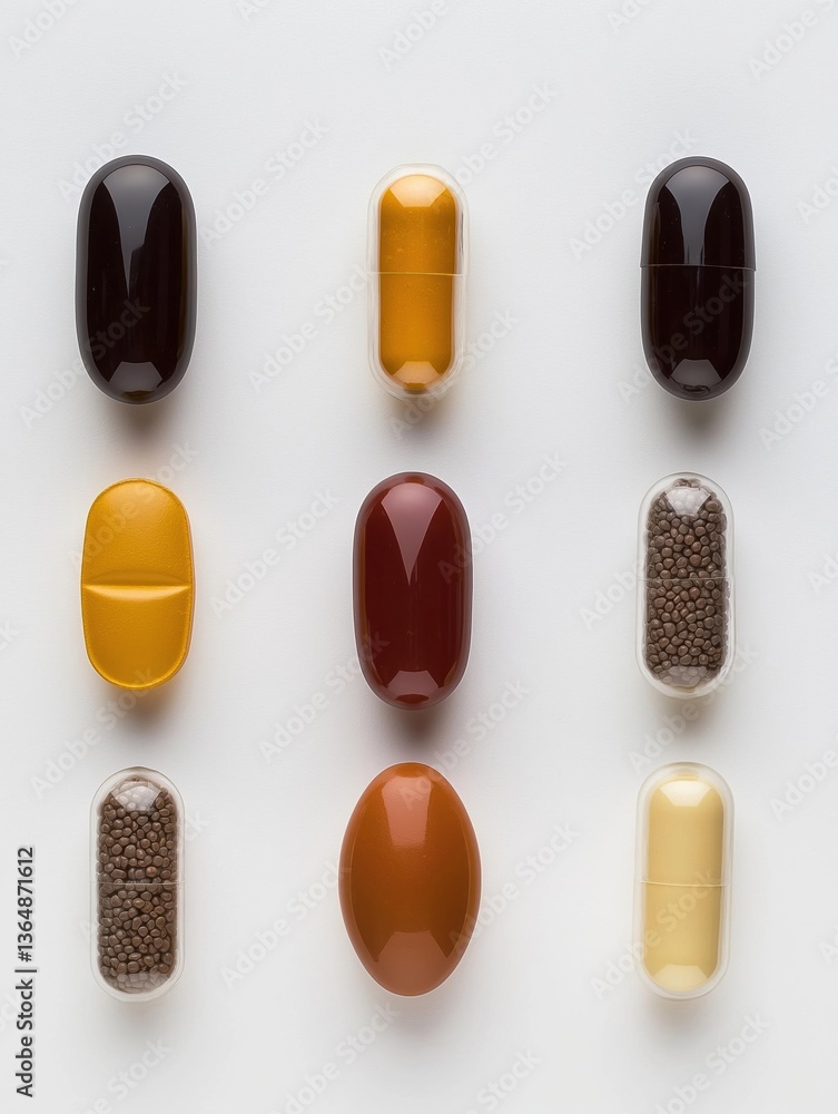 Poster collection of nine different types of pills arranged in a grid-like pattern on a white background.