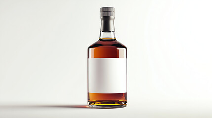 Whiskey bottle with a blank white label, isolated on a white background—luxury, ultra-realistic mockup.