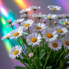 Obraz premium Fresh daisy bouquet with raindrops on colorful background 