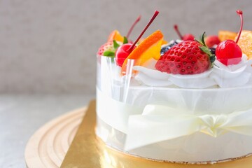 Front view of fresh fruit cake on grey background,Birthday cake