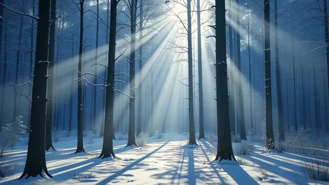 Snowy Winter Forest Path With Sunlight Beams