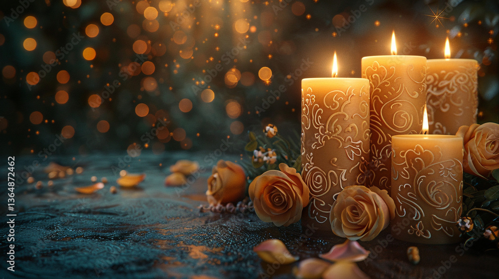 Poster an elegant display of pillar candles with intricate carvings, set against a dark moody background wi