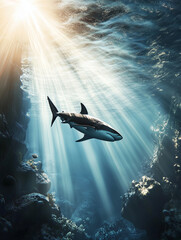 Fototapeta premium Majestic shark swimming in sunlit ocean depths
