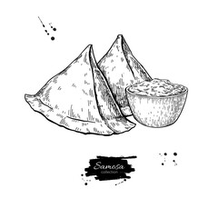 Punjabi Samosa vector food drawing. Indian street food with sauce sketch. Pakistani snacks illustration