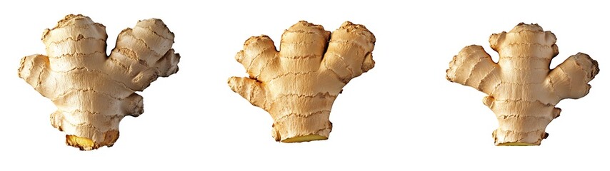 Three rhizomes of fresh ginger roots isolated on white background
