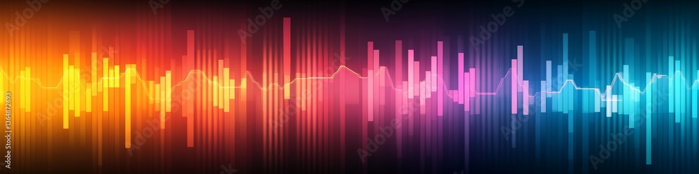 Poster visual representation of sound wave, dynamic line graphs and vertical bar chart on dark background