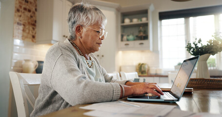 Budget, senior woman or typing on laptop in home for asset management, pension funds application or contract. Financial planning, elderly person or documents for retirement wealth or finance savings