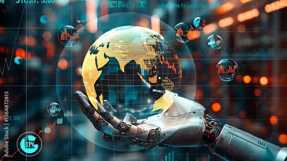 Aufkleber robotic hand holding globe with digital data spheres in technology background