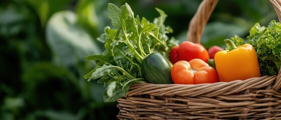 Basket filled with fresh vegetables in a garden. the basket is made of wicker and has a handle on top.