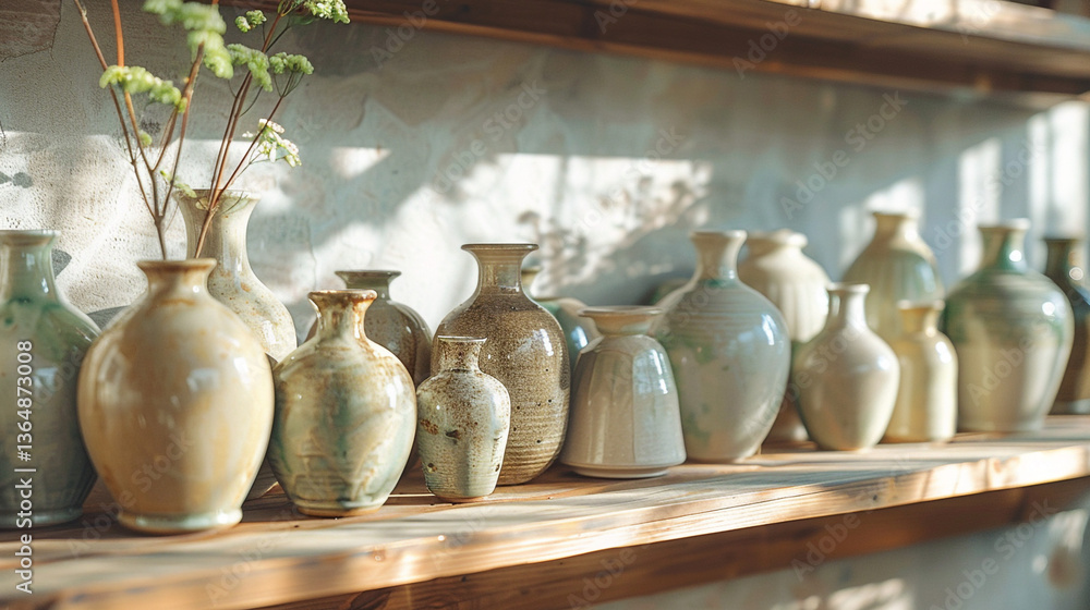 Poster a side-angle shot of a row of ceramic vases of different sizes, arranged on a wooden shelf with sunl