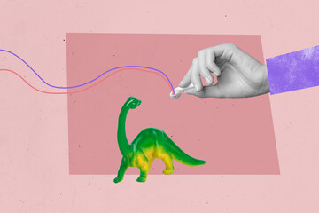 Trend artwork composite banner 3D photo collage of jurassic ancient mini toy tyrannosaurus triceratops hand hold headphones listen music