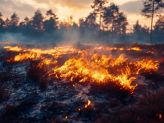 Naklejka premium Flames Consume Burning Field In Front Of Forest Silhouette