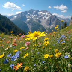Fototapeta premium Vibrant Wildflower Field with a Snow-Capped Mountain Backdrop