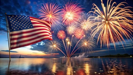 fourth of july fireworks over american flag