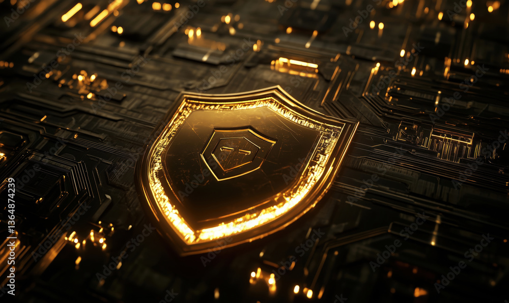 Poster golden shield symbolizing cybersecurity, intricate circuit patterns, glowing elements, modern techno
