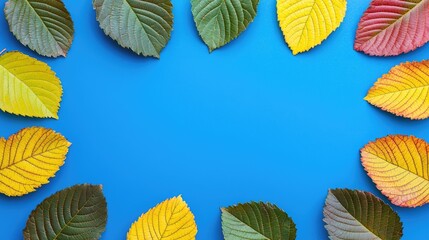 Obraz premium Colorful autumn leaves frame on blue background; flat lay, ideal for nature, fall, or seasonal design